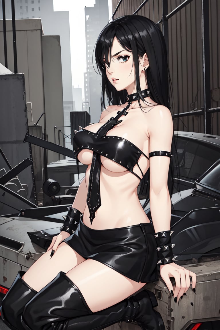 woman, full body, adult, black hair,  hud_crss_ttop, strapless, black spiked cross-shaped tank top, leather skirt, choker, wrist cuffs, knee boots, black nails, underboob, sideboob, <lora:hud_crss_ttop_SD15-000008:0.65>, dirty, abandoned, warehouse