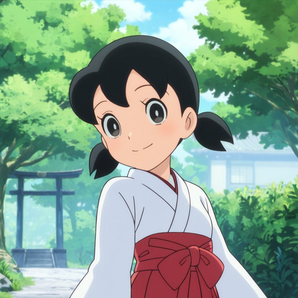 minamoto shizuka,1girl, solo, japanese clothes, black hair,miko, black eyes, smile, twintails, outdoors, hakama, looking at viewer, skirt, short hair, day, short twintails, hakama skirt, tree, red hakama, long sleeves,masterpiece, perfect face, best quality, beautiful eyes, shiny eyes, anime coloring, anime screencap, absurdres, award winning, <lora:minamoto shizuka niji 905:0.8>