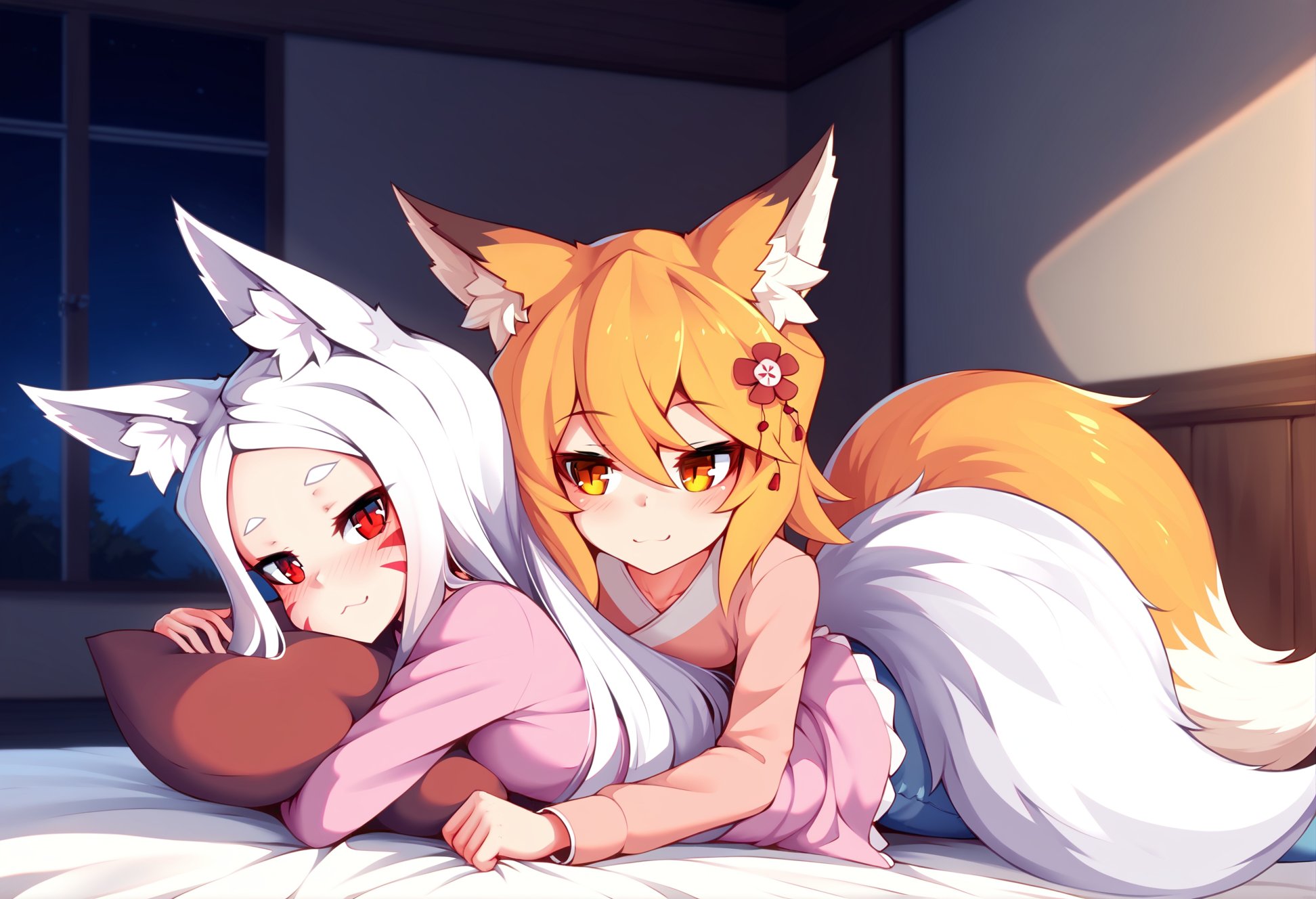 by merrytail, by sub-res, by foxykuro, masterpiece, best quality,2girls,shiro \(sewayaki kitsune no senko-san\), fox girl, fox ears, fox tail, with white hair, red eyes, whisker markings,  senko \(sewayaki kitsune no senko-san\), fox girl, blonde hair, hair flower, pink pajamas, blue pajamas, hugging, :3, on stomach,all fours, lying on person,indoors, bedroom, night, on bed