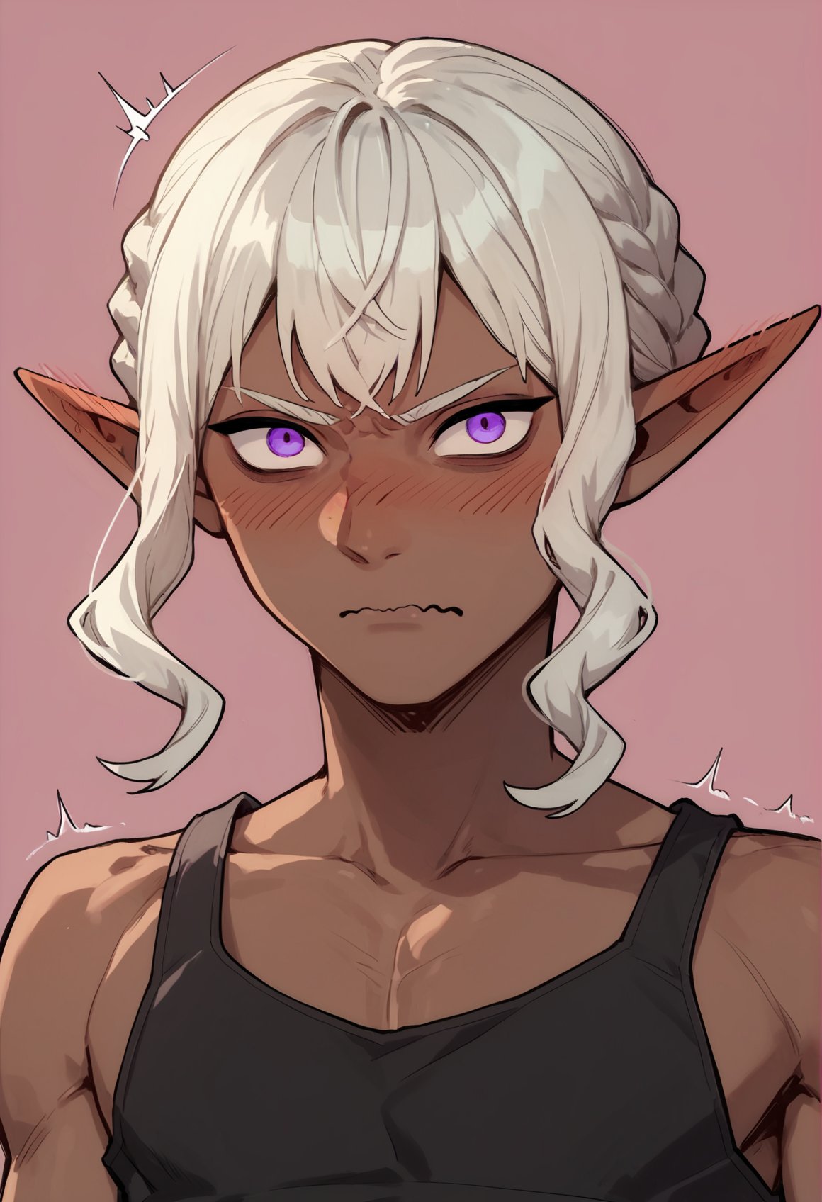 (score_9), score_8_up, score_7_up, score_6_up, zPDXL, thistle \(dungeon meshi\), white hair, pointy ears, dark skin, purple eyes, bangs, braid, 1boy, black tank top, looking at viewer, wavy mouth, disgust, strap slip, pink background, blushing, motion lines, shaking <lora:Thistle_DM_XL_Pony:1> 