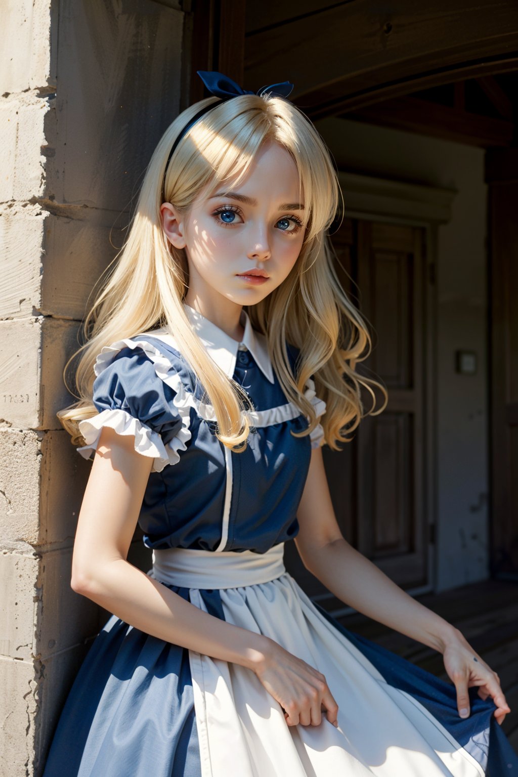 ((ultra detailed, masterpiece, best quality)) <lora:DisneyAlice:0.9>DisneyAlice, 1girl, solo, long hair, blonde hair, blue eyes, black hairband, cowboy shot