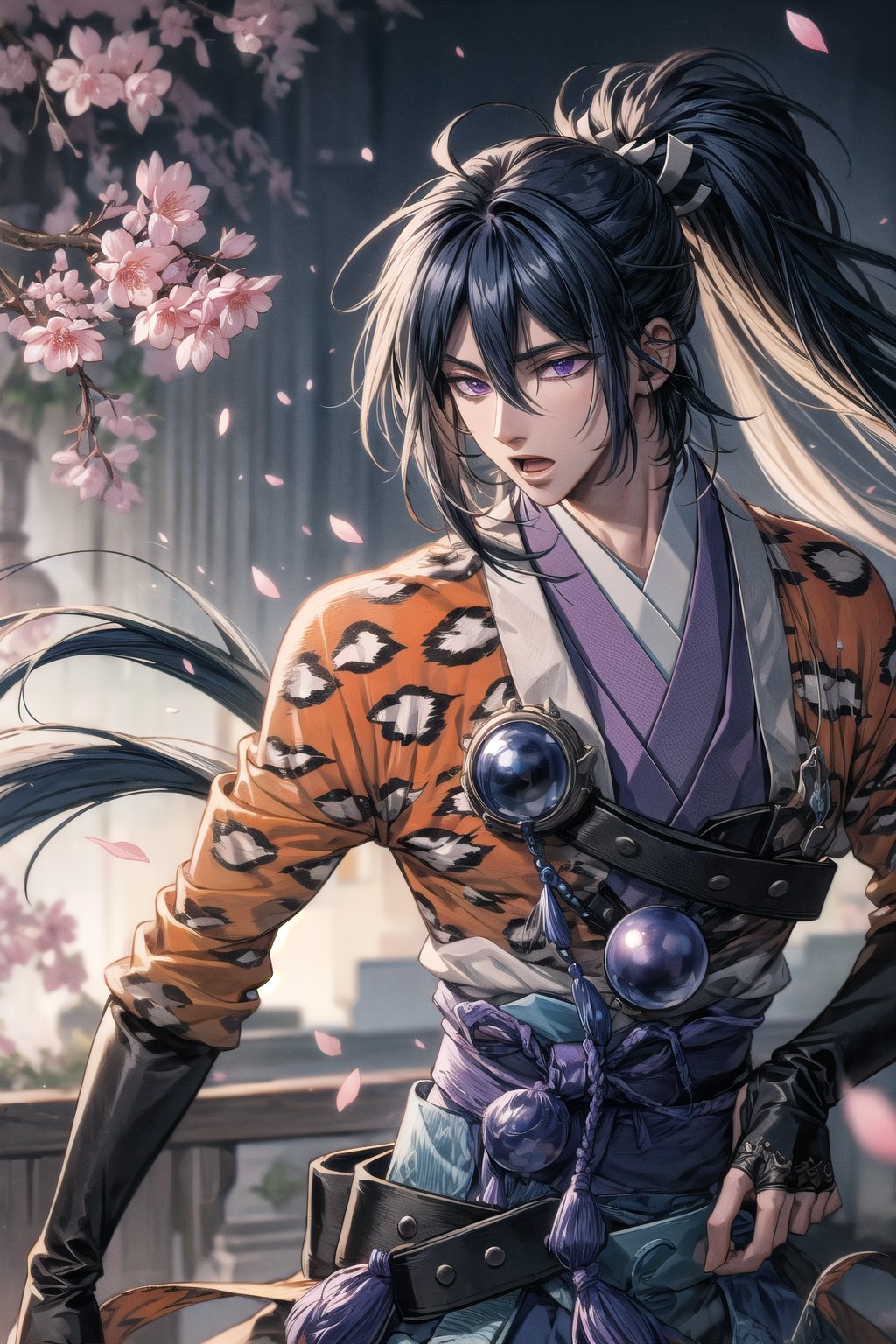 (masterpiece, best quality:1.3), 8k resolution, digital illustration, 3d, original, 2d, traditional media, cinematic, ultra-detailed portrait, hyperdetailed, (deep depth of field:1.3), y0rihisa, 1boy, bishounen, samurai, manly, male focus, (leopard print), Japanese clothes, belt, fingerless gloves, cowboy shot, fighting stance, japanese architecture, warrmth, detailed face, focus, open mouth, !, from behind, gradient, leaning forward, from side, ok sign, handsome, manga cover, purple hair, purple eyes, hair intakes, high ponytail, sideways glance, soft lighting, floating hair, fingerless gloves, dynamic posture, volumetric lighting, bloom, petals, cherry_blossoms, (extremely detailed), intricate details,Hajime_Saitou,1 girl<lora:EMS-29825-EMS:0.200000>, <lora:EMS-1093-EMS:0.300000>, <lora:EMS-179-EMS:0.200000>, <lora:EMS-91280-EMS:0.200000>, <lora:EMS-365546-EMS:1.000000>, <lora:EMS-3262-EMS:0.400000>