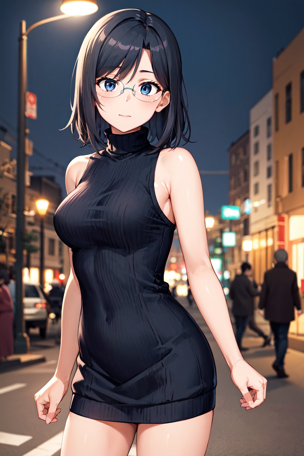 masterpiece, best quality, highres, aamii, short hair, blue eyes, glasses, <lora:konori_mii_v1:0.7>, sweater dress, turtleneck, sleeveless, night, street