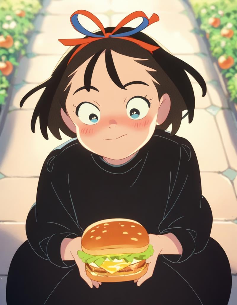 score_9,  score_8_up, score_7_up, source_anime, <lora:kikimac-ponyxl-000009:0.9> 1girl, solo, kikimac, hair ribbon, black dress, dress,blush, holding food, tomato, lettuce, sandwich