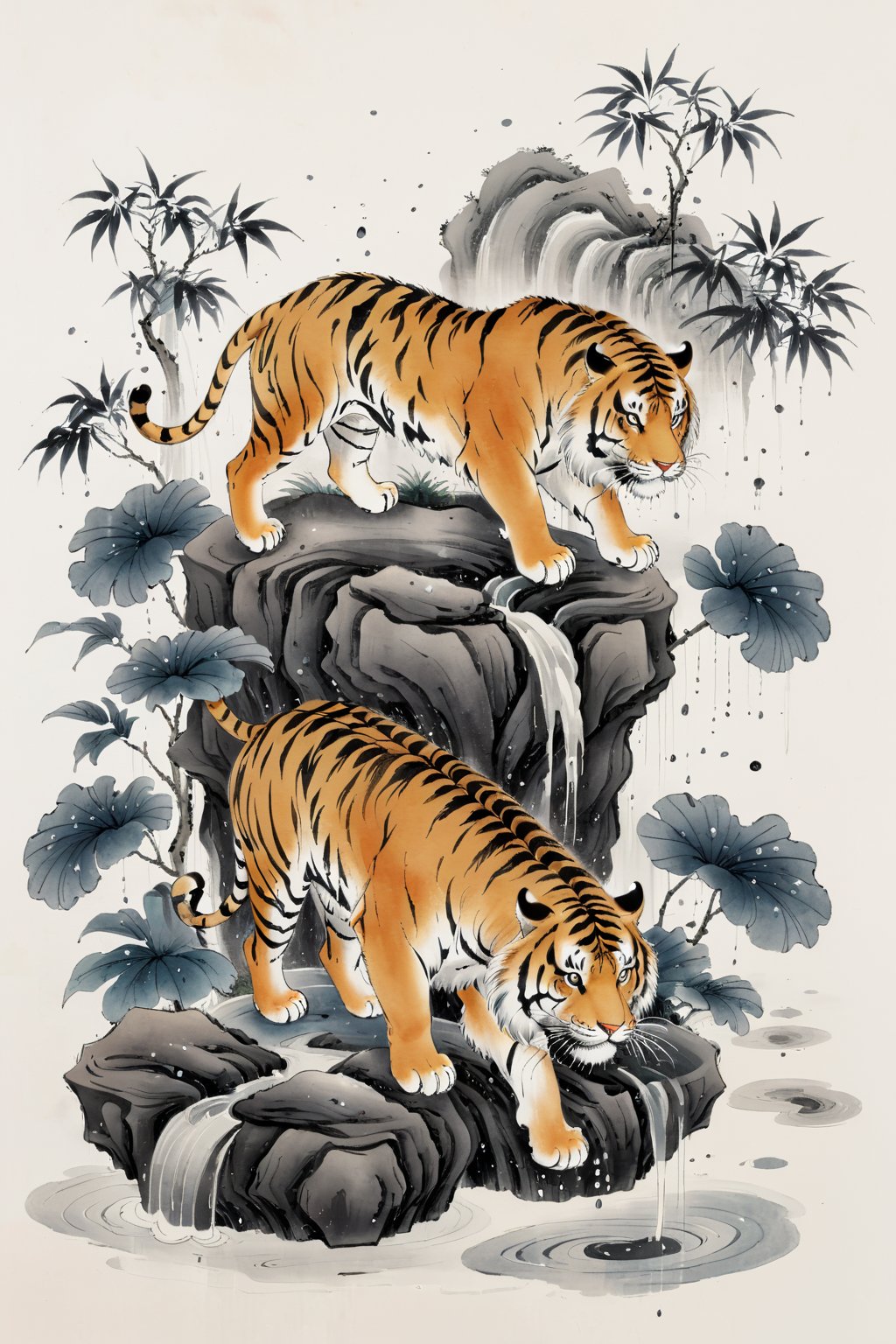 Best quality,8k,cg,falls,Rain,raindrops,Chinese ancientpaintings,traditional chinese ink painting,tiger,chinese meticulous ink,illustration,white background,centered,completed,<lora:工笔水墨:0.8>,