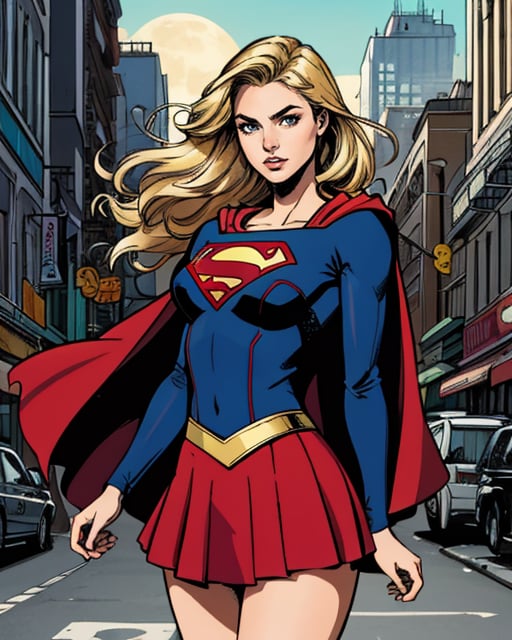 Graphic novel style illustration of upper body, pretty woman, busty, curvy, sexy, city background, sunny day, <lora:Supergirl:0.5> supergirl, cape, blonde hair, long hair, superhero, red cape, red skirt, by jim lee and todd mcfarlane, maximalist, intricate, sharp, extreme detailed, HD, HDR, 4K, high quality, high resolution, 2D, masterpiece, epic, cinematic, digital artwork