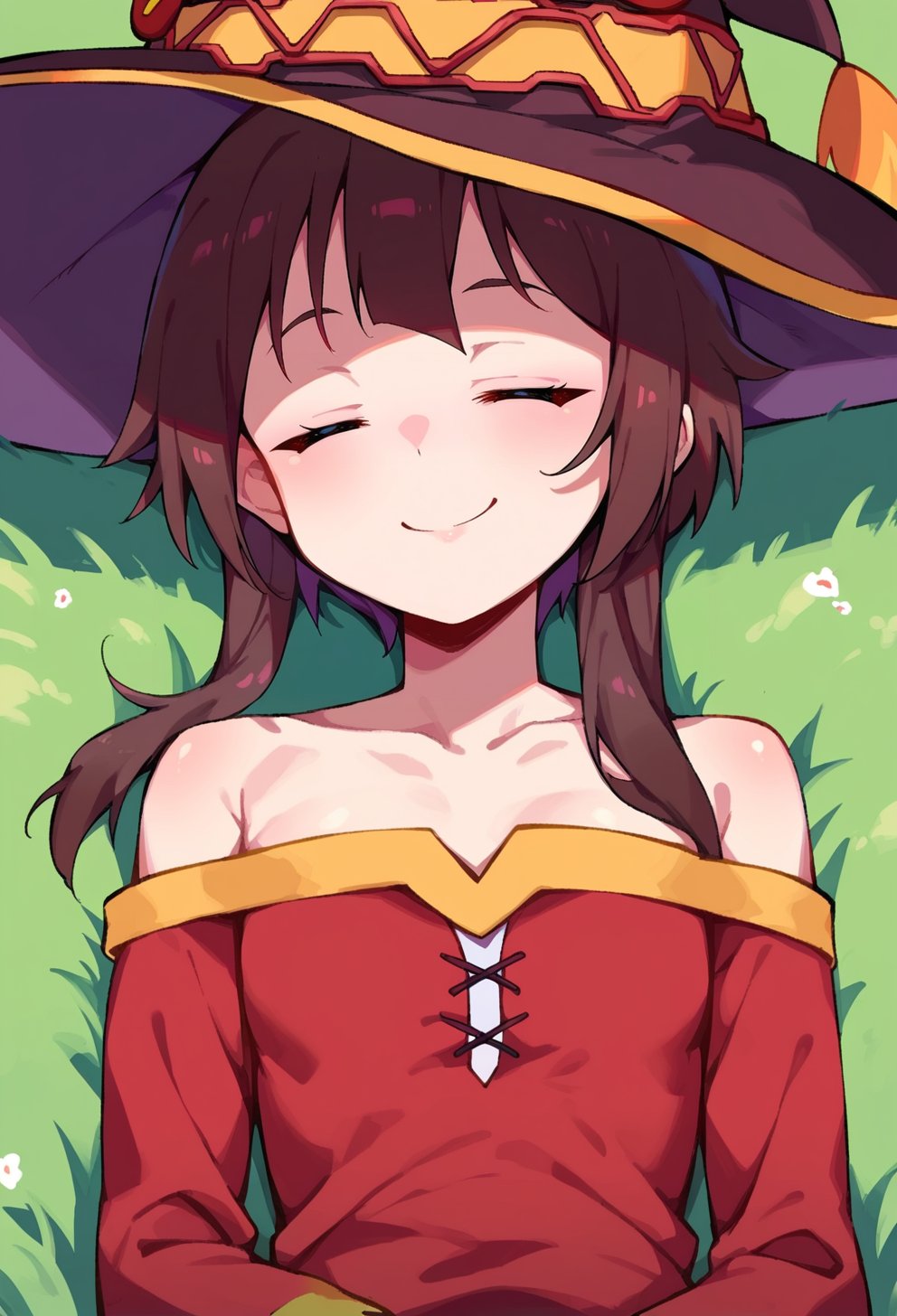 score_9, score_8_up, score_7_up, score_6_up, source anime, BREAK<lora:konosuba_megumin:0.8> nimugempnxl, megumin, 1girl, solo, short hair with long locks, small breasts, upper body,off shoulder dress, witch hat, on grass, outdoors, sleeping, snoring, smile