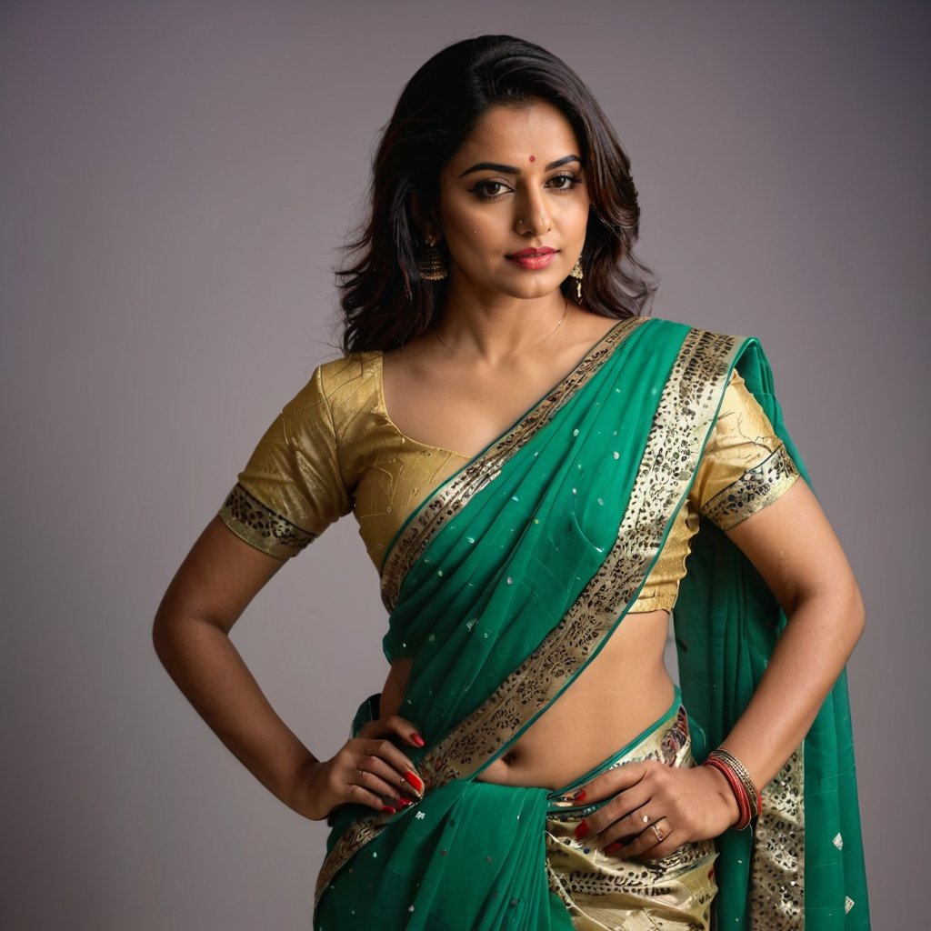 photo of a woman, wearing a sexy saree outfit, flat matte background, navel, RAW photo, 8k uhd, dslr, soft lighting, high quality, film grain, Fujifilm XT3<lora:sexy_saree-000006:0.6>