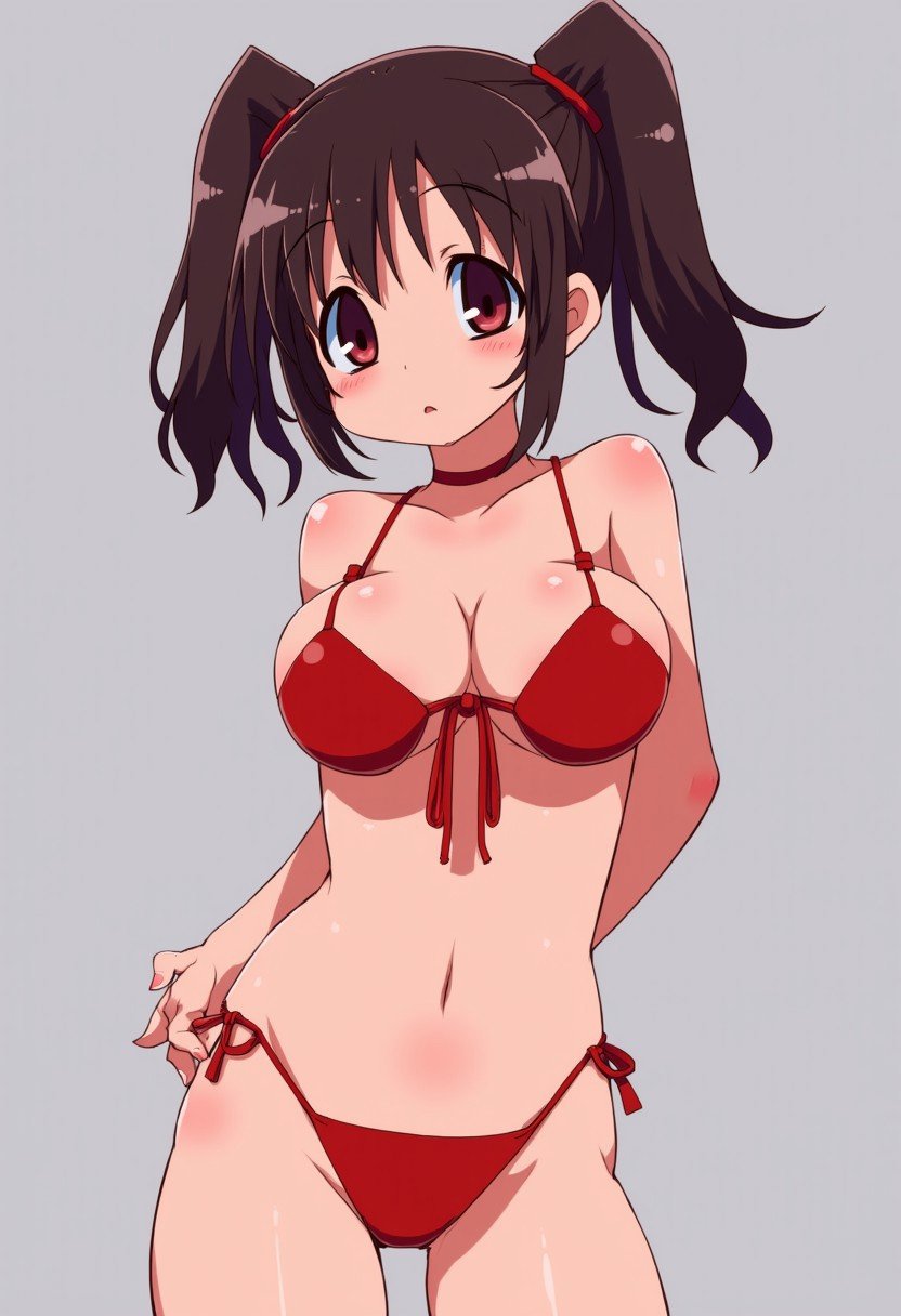 zankuro, 1girl, absurdres, black hair, 25 year old, bikini, blush, breasts, brown hair, closed mouth, cowboy shot, fingernails, red dress, grey background, hand on own hip, highres, long hair, looking at viewer, medium breasts, red eyes, sharp fingernails, simple background, solo, square pupils, standing, twintails, very long hair, 