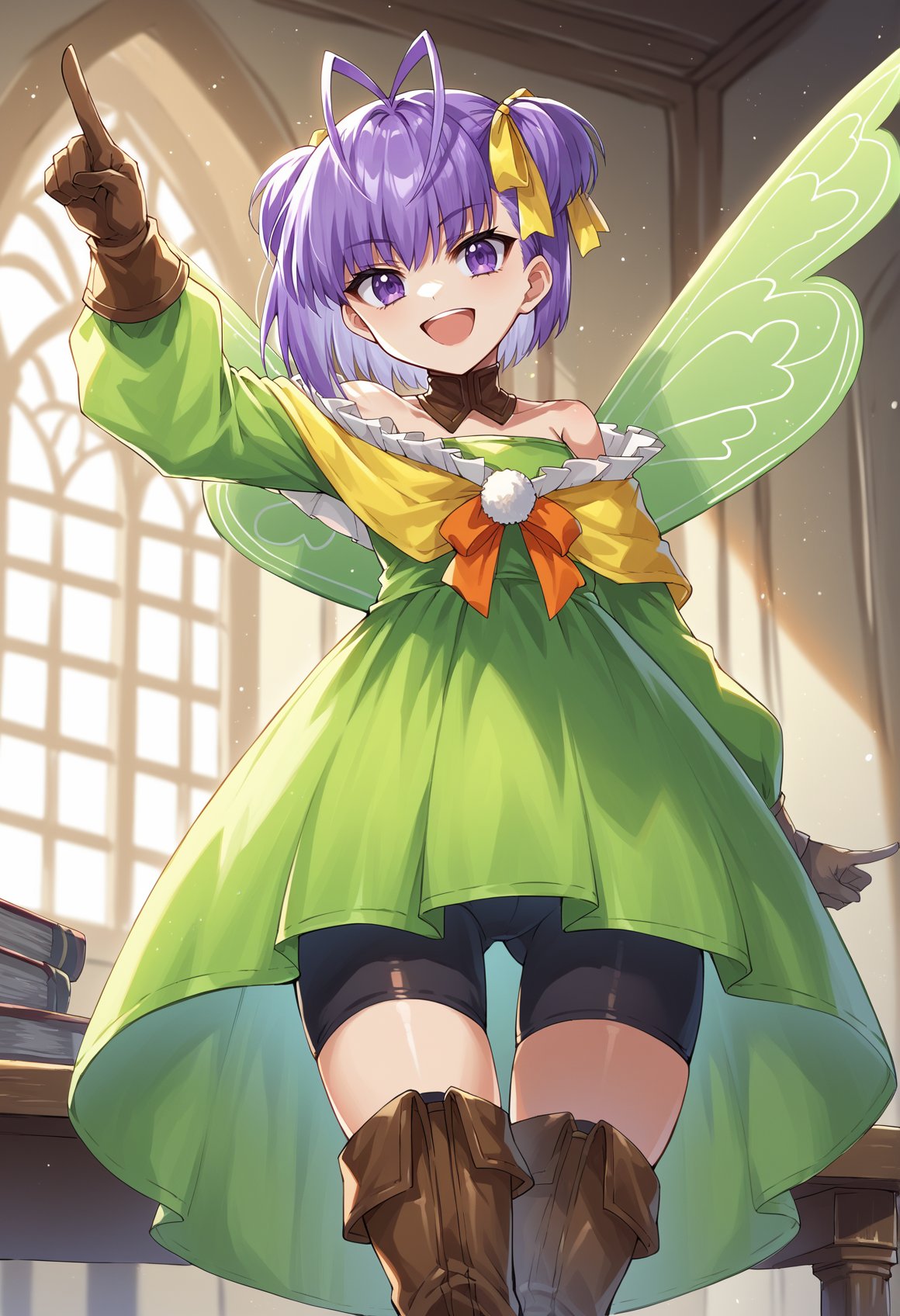 1girl, solo, short hair, purple hair, antenna hair, twintails, single sidelock, yellow ribbon, purple eyes, detached collar, green dress, frills, bare shoulders, bike shorts, brown gloves, brown thigh boots, fairy wings, smile, standing, table, indoors, mansion, arm up, pointing up, smile, open mouth, standingo n top of a table, from below <lora:Muryan:1>, score_9, score_8_up, score_7_up, score_6_up, score_5_up, score_4_up, BREAK source_anime, masterpiece