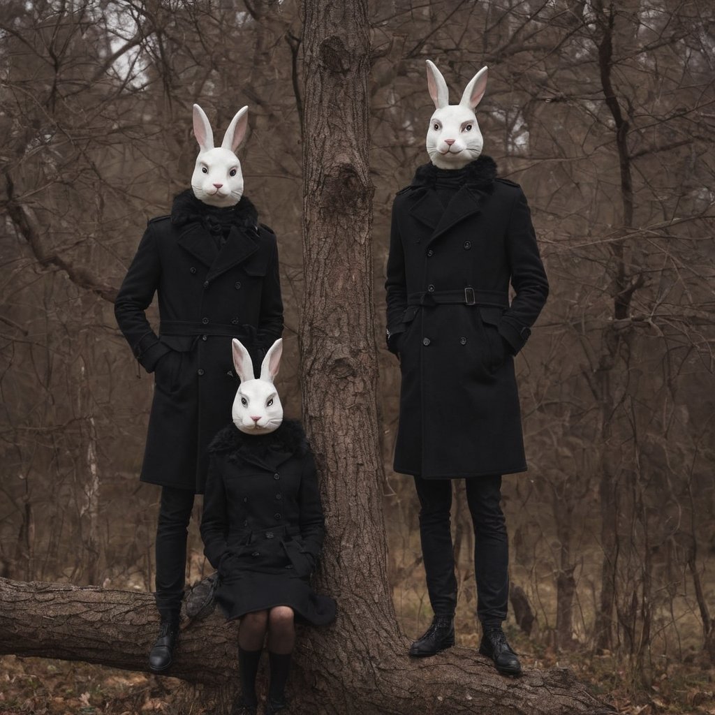 <lora:SDXL_Mask_Sa_May:1> mask,  rabbits in black coats standing on a tree