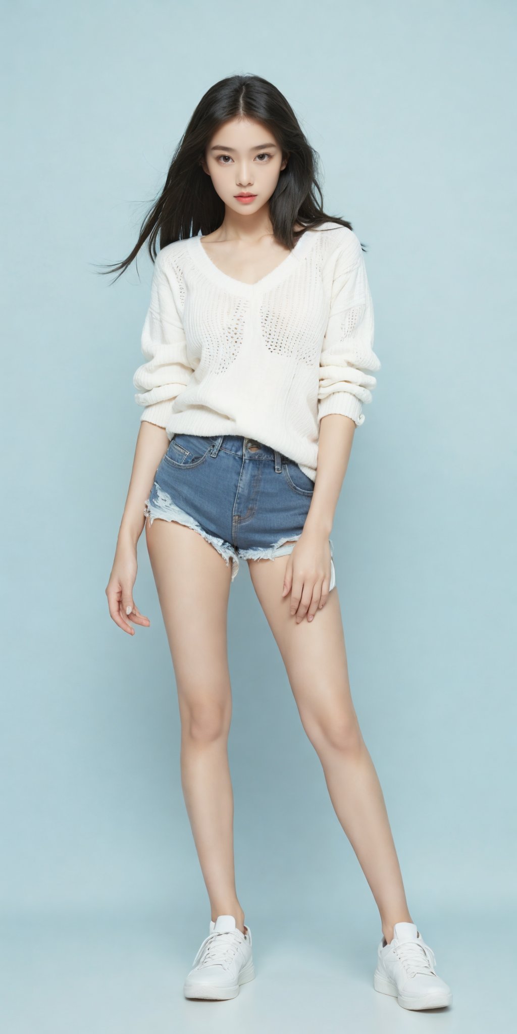 1girl,(standing:1.3),(denim_shorts:1.2),(blue background:1.3),(white sweater:1.2),white sneaker,long hair,