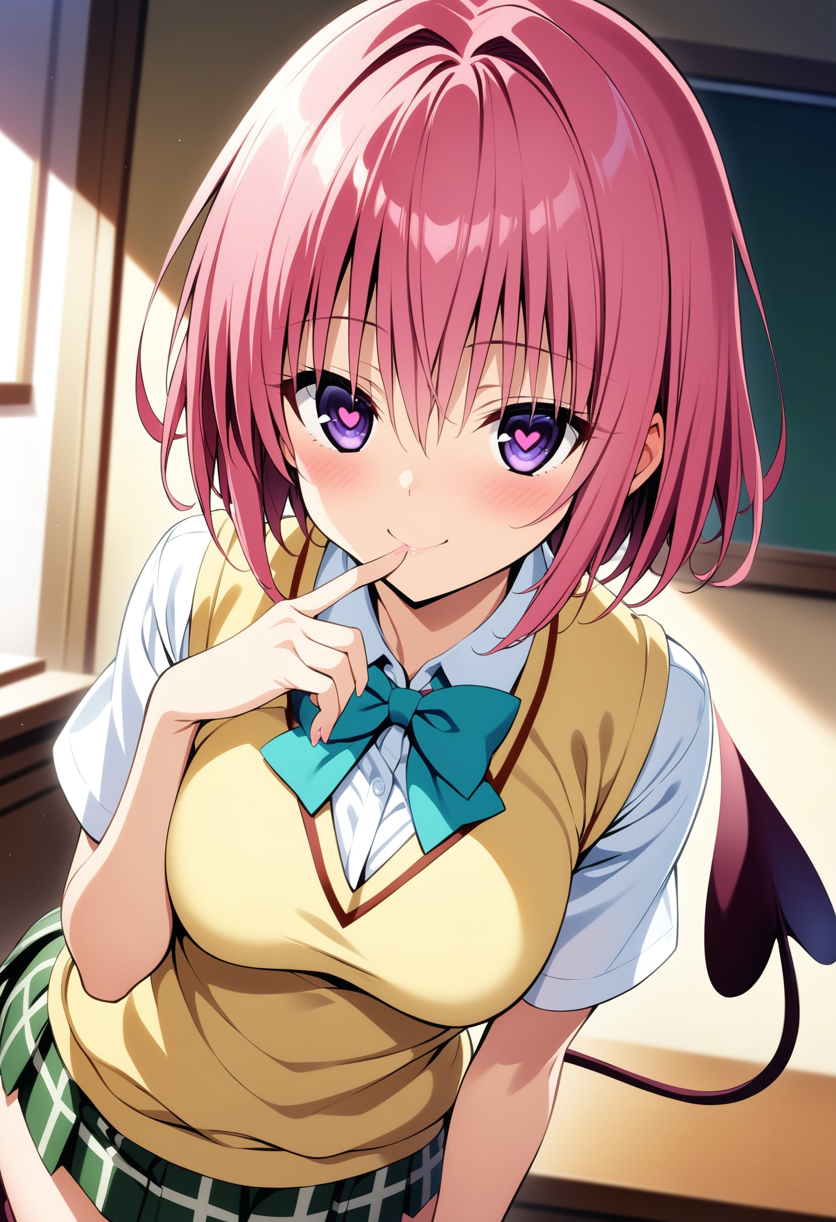 masterpiece, best quality, very aesthetic, absurdres,1girl, momo velia deviluke, to love-ru, to love-ru darkness, short hair, pink hair, purple eyes, sainan high school uniform, sweater vest, blush, smile, demon tail, heart-shaped pupils, finger to mouth, looking at viewer, indoors,