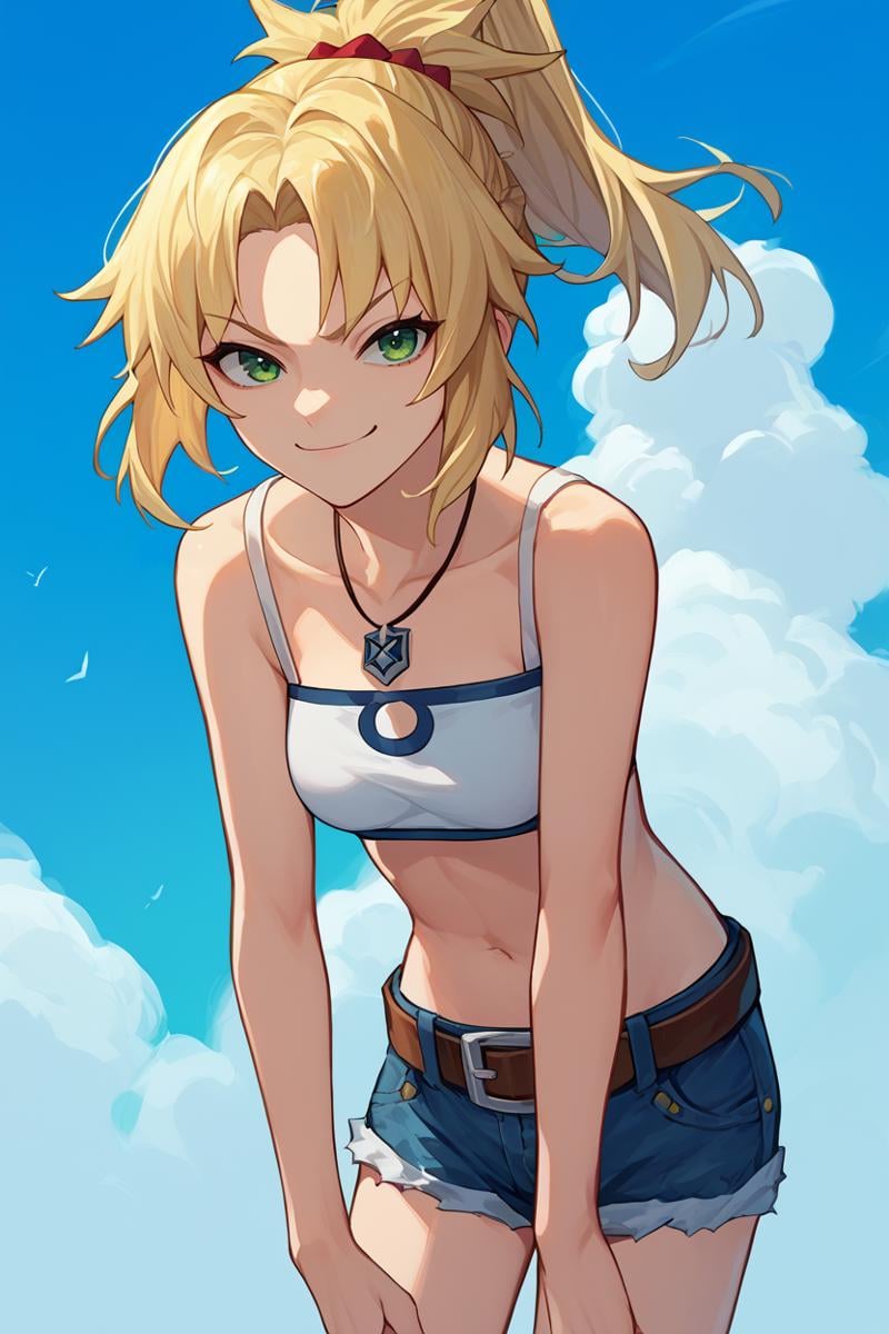 score_9, score_8_up, score_7_up, score_6_up, source_anime, BREAK solo, <lora:mordred-pdxl-nvwls-v1-000005:1> casualMord, blonde hair, green eyes, ponytail, necklace, white tube top, bare arms, midriff, belt, short shorts, denim shorts, medium breasts, smug, looking at you, leaning forward, blue sky