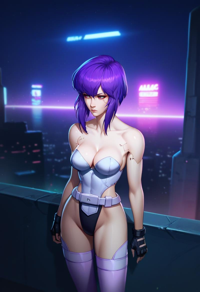 score_9, score_8_up, score_7_up, source_anime, solo, 1girl, motokosac, expressionless, looking away, standing, purple hair, highleg leotard, belt, black gloves, fingerless gloves, purple thighhighs, bare shoulders, cleavage, large breasts, night, science fiction, cyberpunk, outdoors, rooftop, neon lights <lora:ghostintheshell_kusanagi_ponyXL-SAC:1>