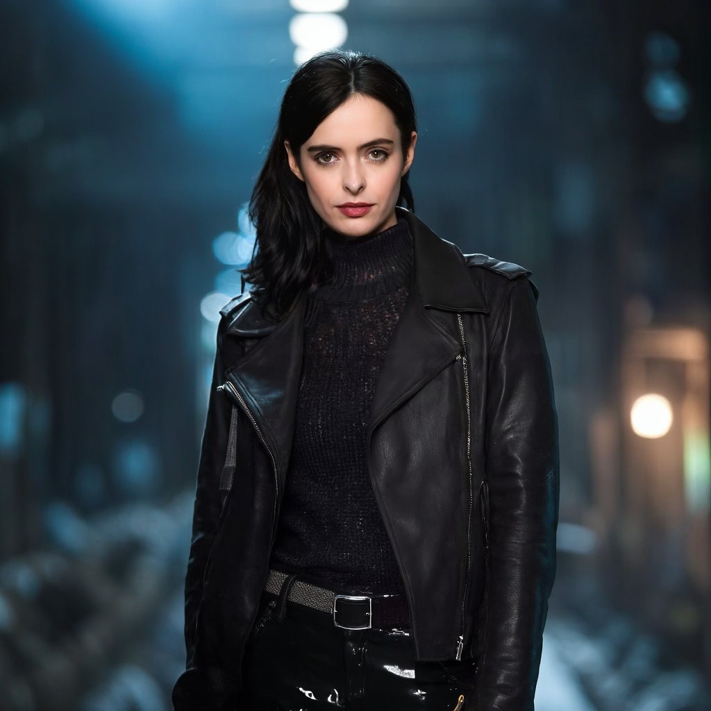 A portrait of krysten_ritter in a dimly lit, futuristic setting. She wears a black leather jacket with a high collar, a black turtleneck sweater, and shiny black pants. A black belt with a silver buckle fastens her waist. Her hair is pulled back into a ponytail. The woman stands confidently, her gaze directed slightly to the side. The background is blurred, highlighting the woman as the main subject, and the color palette is dominated by cool blues and blacks. The image conveys a moody and intense atmosphere, with the woman appearing poised