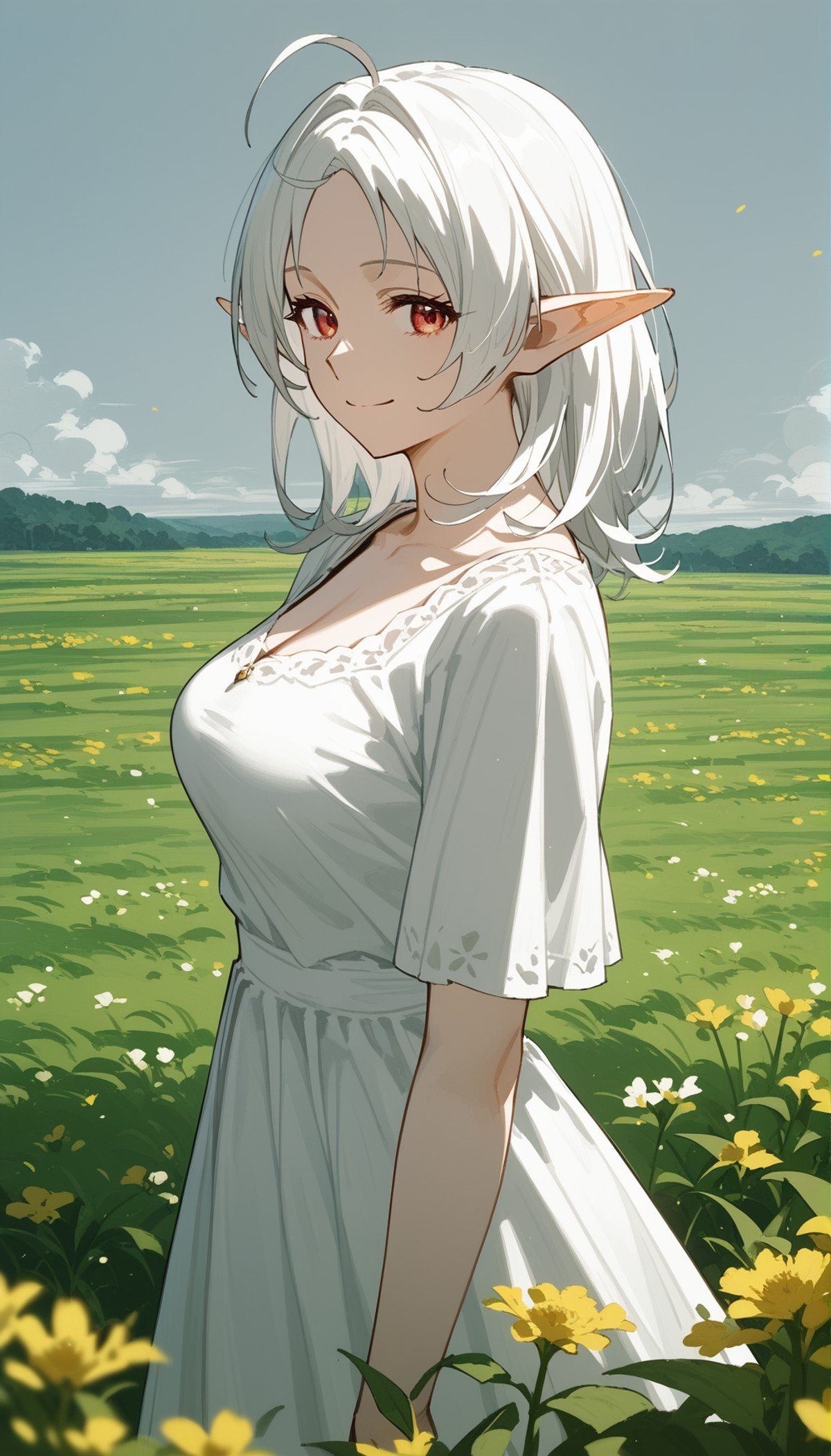 (score_9,score_8_up,score_7_up,score_6_up,score_5_up,score_4_up), style_2, cowboy shot, from side, looking at viewer, 1girl, mature female, sylphy, white hair, medium hair, ahoge, parted bangs, red eyes, pointy ears, elf, medium breasts, smile, closed mouth, (white dress), outdoors, flower field, atmospheric perspective, standing, <lora:MylphietteMT-07:0.7>