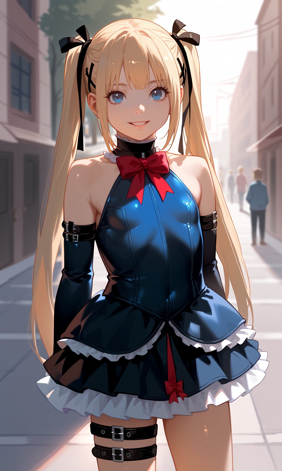 score_9, score_8_up, score_7_up, score_6_up, BREAK1girl, marierose, 1girl, bare shoulders, black ribbon, blonde hair, blue eyes, boots, choker, detached sleeves, black dress, upper body, hair ribbon, long hair, looking at viewer, marie rose, ribbon, smile, solo, standing, thigh strap, twintails, very long hair,outdoors, street, gate,masterpiece, best quality, absurdres, <lora:MarieRose_Pony:1> 