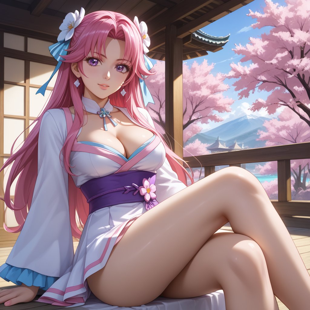 (,1girl, ,best quality, ),,  ,ultra realistic 8k cg,, ,masterpiece, (( , )),, ,   ,   cure blossom,  ,,  (cleavage),,  (), ,(sit),