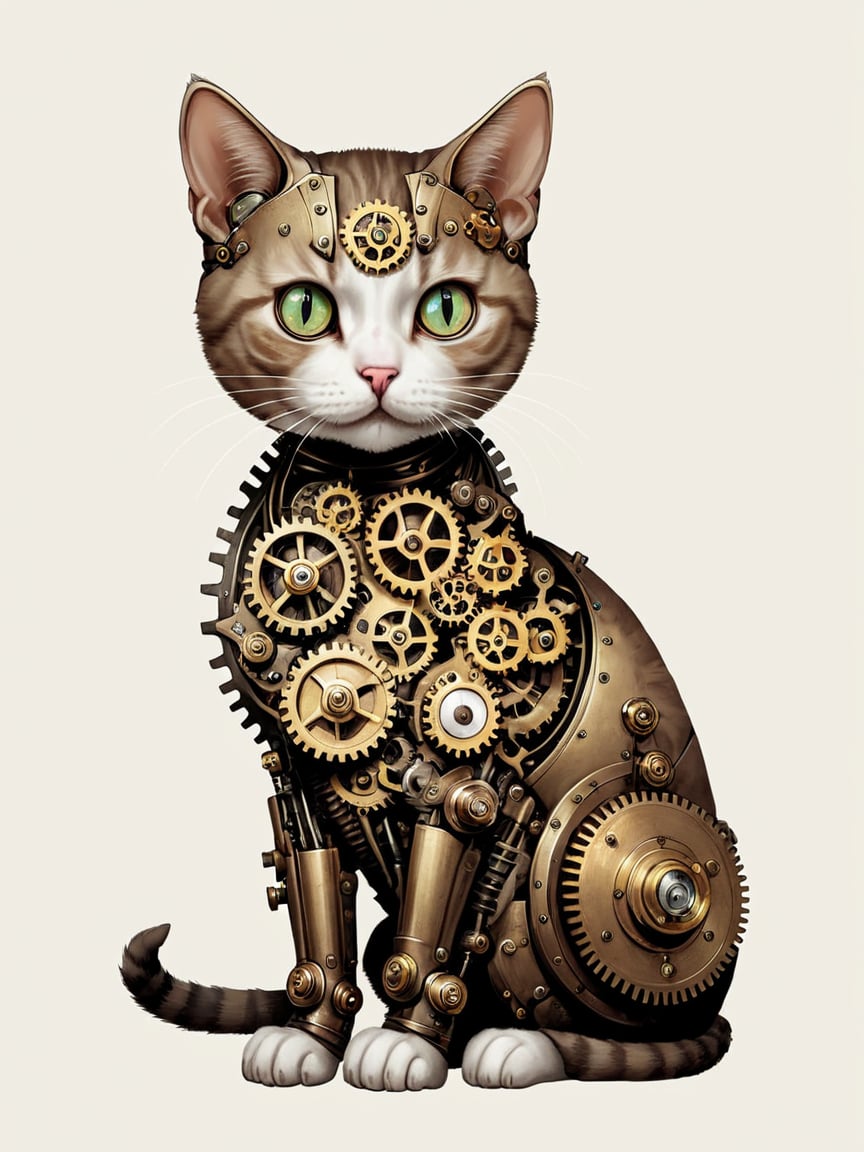 <lora:steampunkXL:0.7> steampunk, no humans, gears, simple background, cat, 