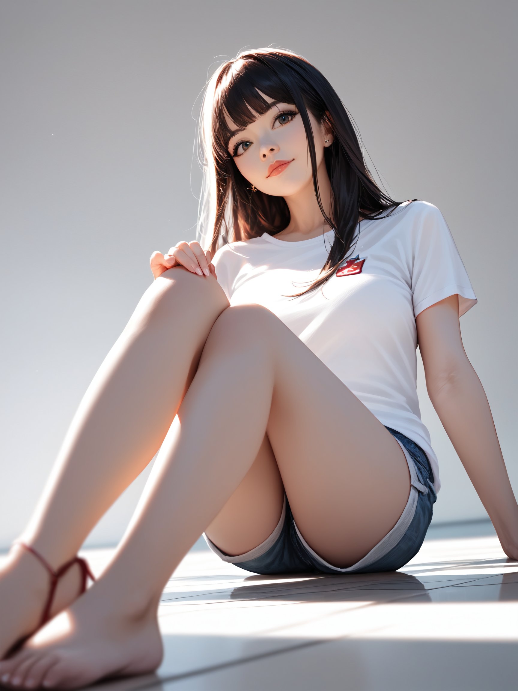 score_9, score_8_up, score_7_up, masterpiece, best quality, realistic, realism, portrait photo of a 18 years old j-pop girl sitting on the floor, cross legs, show feet, wearing shorts, white shirt, beautiful face, perfect eyes, long hair, (posing to viewer), (low angle/from below), <lora:ponyRealistic_v1-rev3_rank16:0.7>