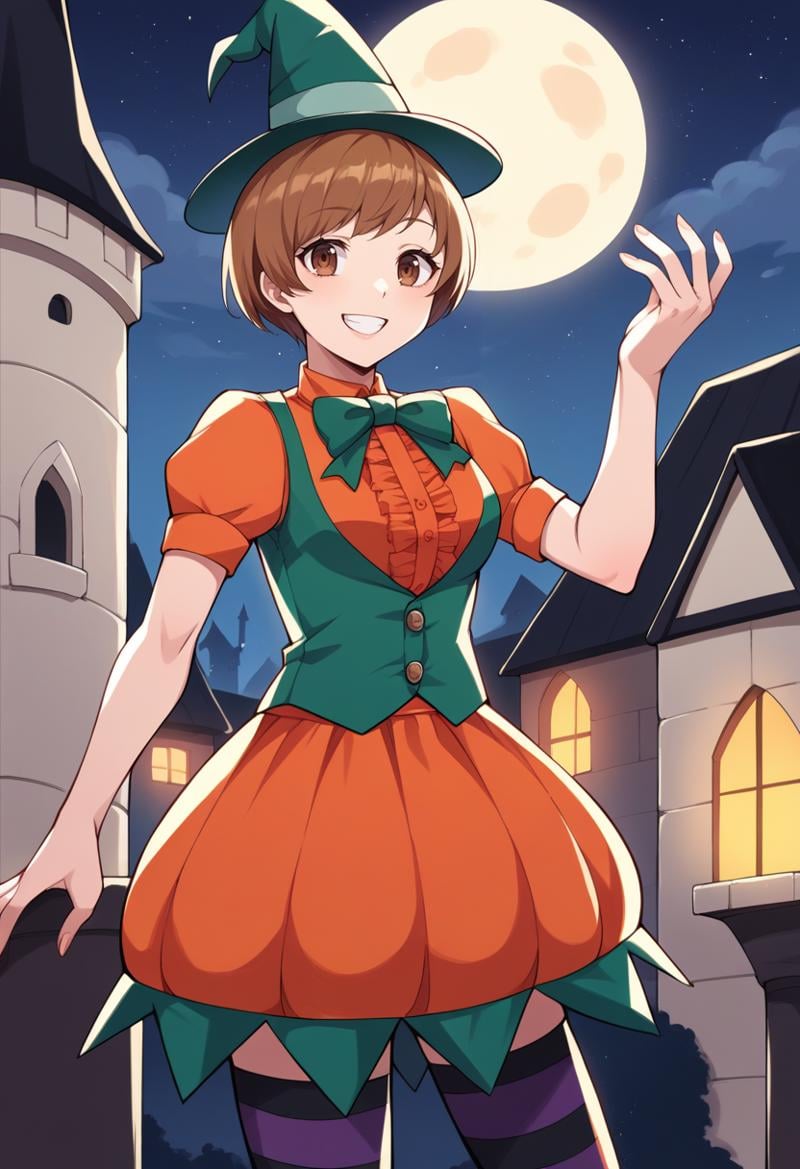 score_9, score_8_up, score_7_up, source_anime BREAK 1girl, solo, <lora:zs_ChieXL:1> chiehalloween, brown hair, short hair, brown eyes, green hat, green bowtie, orange frilled shirt, green vest, orange skirt, striped thighhighs, pointed bootscowboy shot, smile, night, gothic castle, dark, 