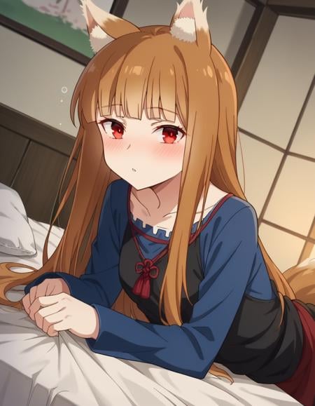 score_9, score_8_up, score_7_up, source_anime,wolfholo, <lora:wolf-holo-alpha-ponyxl-lora-nochekaiser:1>holo, red eyes, bangs, blunt bangs, sidelocks, animal ears, fox ears, brown hair, long hair,dress, long sleeves, collarbone,indoors, bed, bed room, on side, blush, drunk,looking at viewer, cowboy shot, dutch angle,