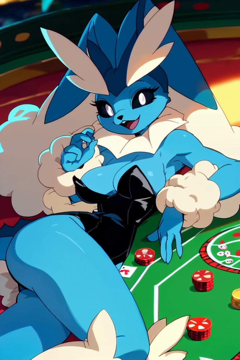 score_9, score_8_up, score_7_up, (vaporunny \(follygee\), lopears), furry, blue skin, white pupils, looking at viewer, smile, open mouth, female, breasts, black leotard, casino, lying on side, film grain, anime screencap, <lora:vaporunnyxl_8_shrink:1>