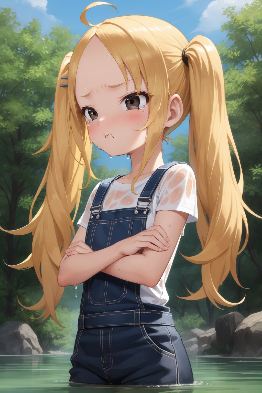 (masterpiece, best quality:1.2),1girl, (:t, pout:1.1), tearing up, black eyes, blonde hair, twintails, hairclip, forehead, flat chestBREAK white t-shirt, pink overalls, crossed armsBREAK partially submerged, (wet, wet clothes, dripping), forest, river