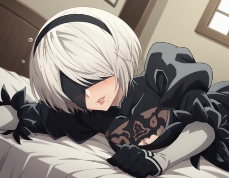 score_9, score_8_up, score_7_up, source_anime,2b, <lora:2b-s1-ponyxl-lora-nochekaiser:1>,2b, yorha no. 2 type b, short hair, white hair, hairband, mole, black hairband, mole under mouth, blindfold, covered eyes, black blindfold,gloves, long sleeves, dress, puffy sleeves, black dress, clothing cutout, cleavage cutout, juliet sleeves, feather-trimmed sleeves,indoors, bed, bed room, on side, blush, drunk,solo, dutch angle, looking at viewer, cowboy shot,