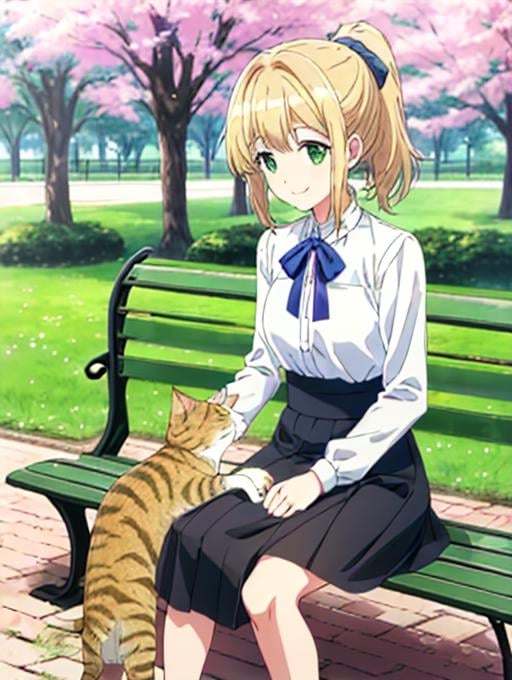 best quality, masterpiece, highres, detailed, perfect anatomy,  <lora:Detail - add_detail:0.2>, <lora:TeresaW:0.8>, TeresaW, ponytail, happy, blonde hair, white blouse, black skirt, blue ribbon, green eyes, sakura, sitting on park bench with cat, petting cat, gentle smile, 