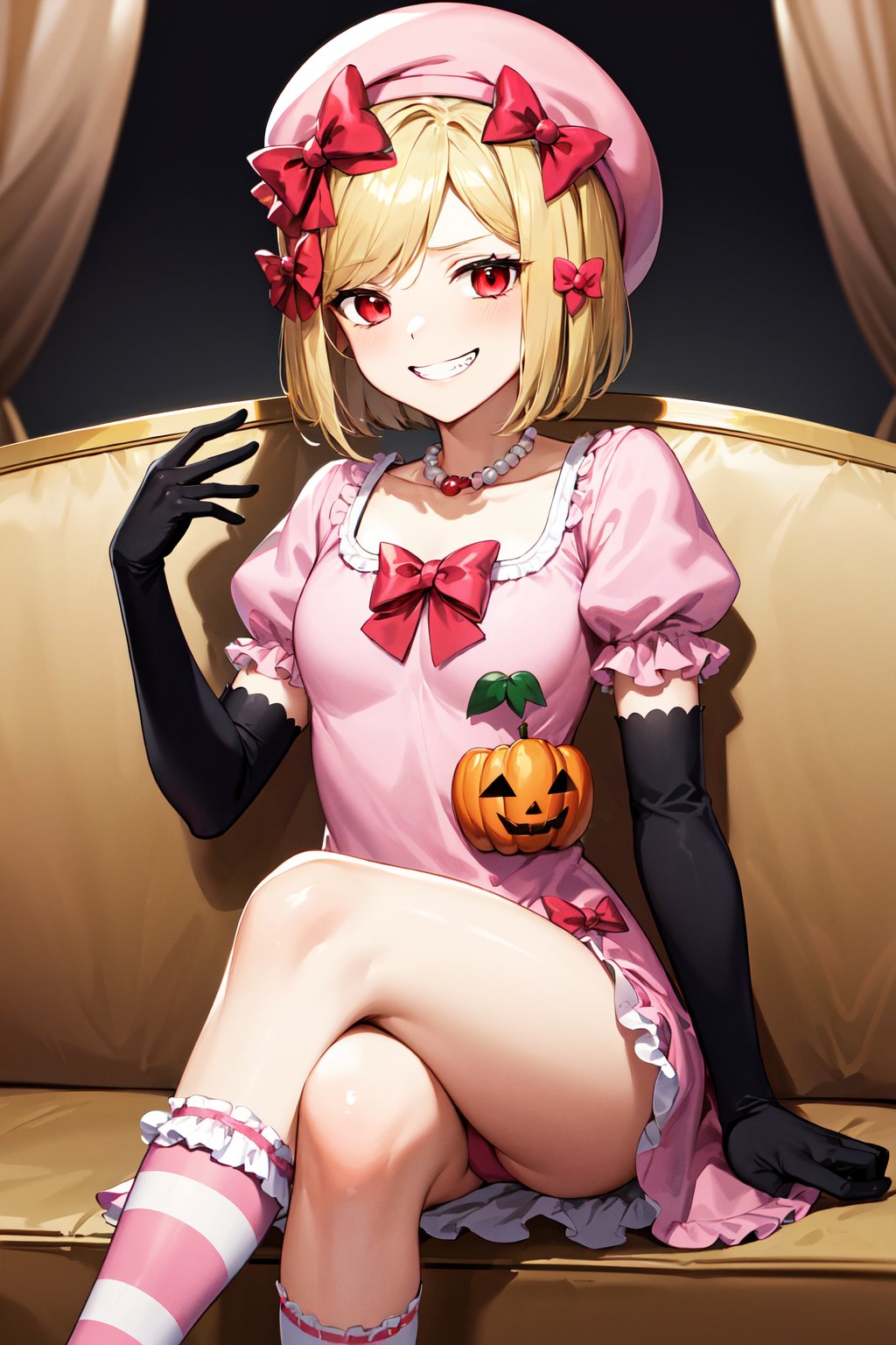 masterpiece, best quality, highres, aalamb, short hair, hair bow, red bow, beret, pink headwear, red eyes, necklace, frills, pink dress, jack-o'-lantern, puffy sleeves, elbow gloves, black gloves, <lora:lambdadelta_v1:0.7>, striped socks, sitting, sofa, crossed legs, grin,