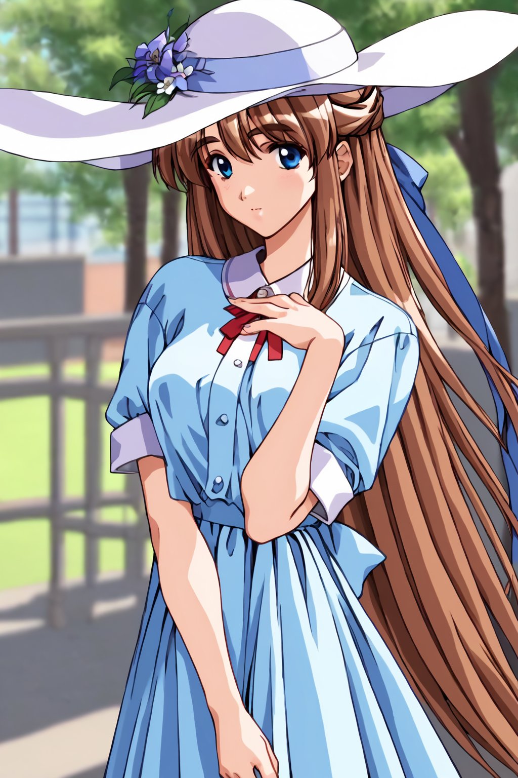 score_9, score_8_up, score_7_up, score_6_up, score_5_up, score_4_up, source_anime, nsfw,kobayakawa mizuho, 1girl, very long hair, blue eyes, brown hair, half updo, solo, mizuho_white, sun hat, hat flower, short sleeves, blue dress,masterpiece, perfect face, best quality, beautiful girl, blurry background, cute girl, beautiful eyes, shiny eyes, anime coloring, anime screencap, absurdres,  <lora:kobayakawa mizuho hoseki 820 1:0.8>