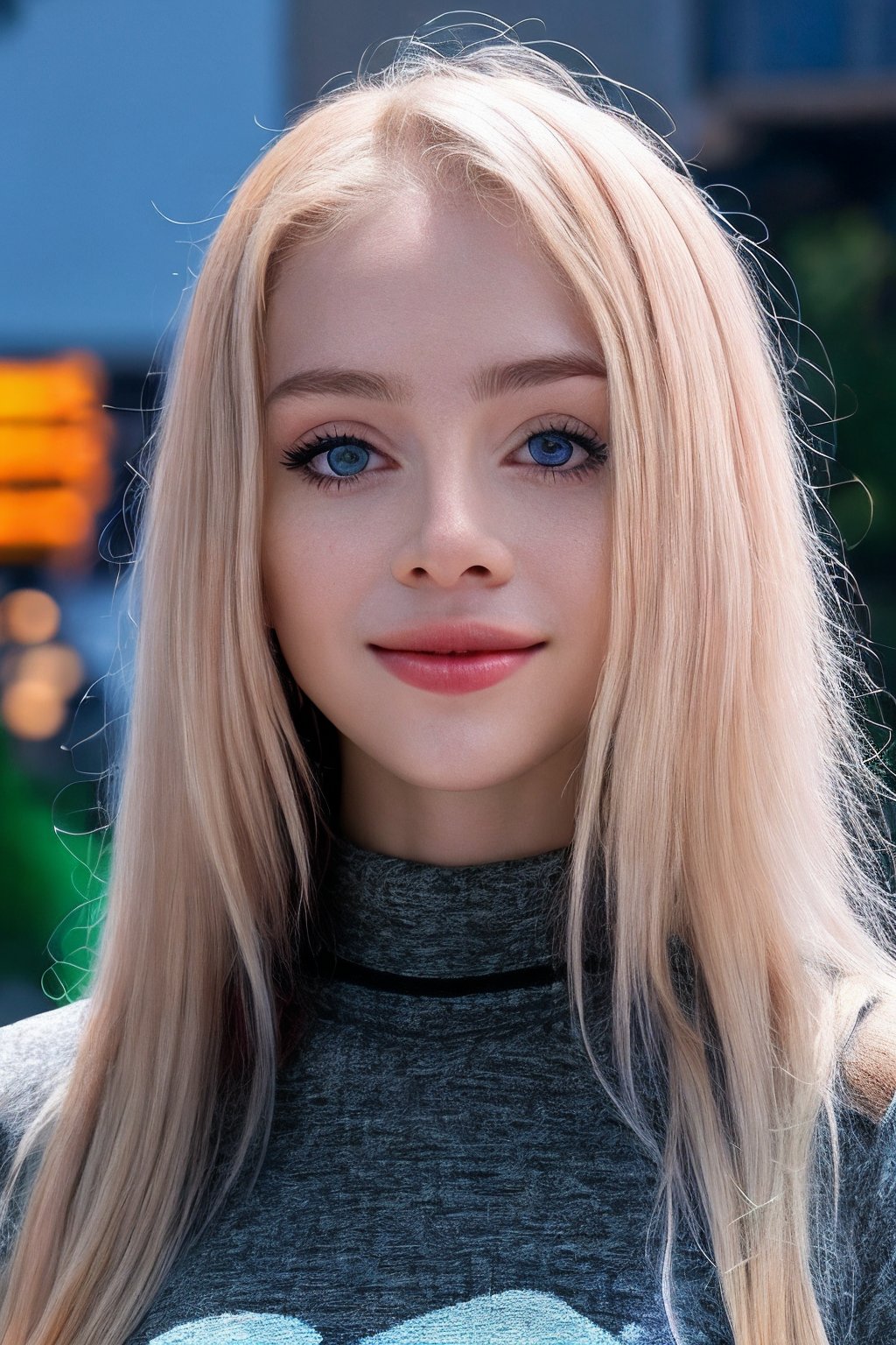 <lora:SC-Lolibela:0.85>, photo of l0l1b3l4, 1girl, petite girl, skinny, pale skin, platinum blonde hair, detailed eyes, detailed face, smile, upper body portrait, posing, vintage photo, sweater, winter, Century Camera Co. Studio, 160mm f/8, 1/10s, ISO 25, film grain, on Broadway street, night, happy, epiCRealism