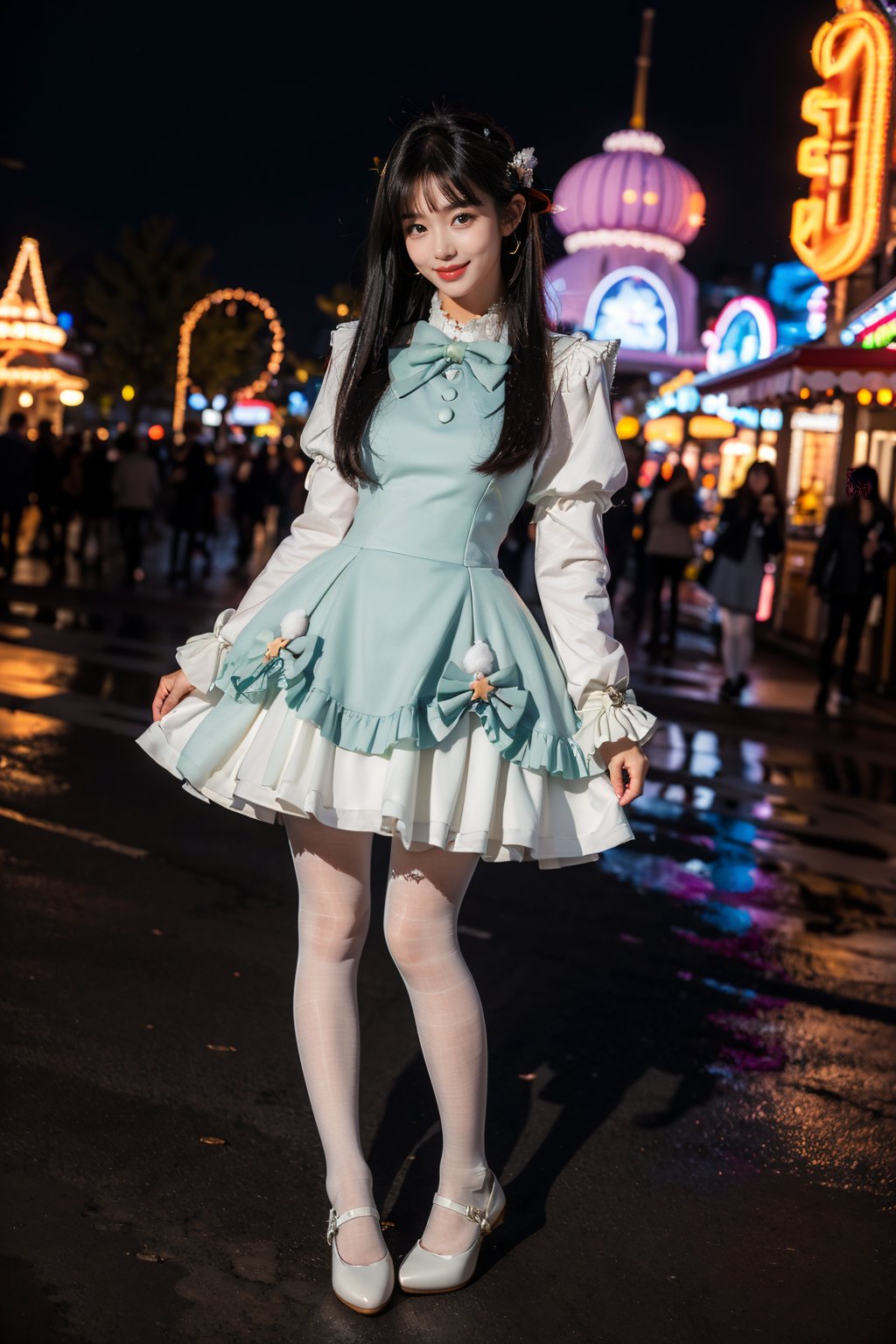 best quality, masterpiece, photorealistic, 1girl, solo, long straight black hair, blunt bangs, looking at viewer, full body, cyb dress, blue dress, long sleeves, puffy long sleeves, bow, (white pantyhose:1.4), mary janes, amusement park, people, colorful, neon light, <lora:cute_dress_style1_v1:0.7>