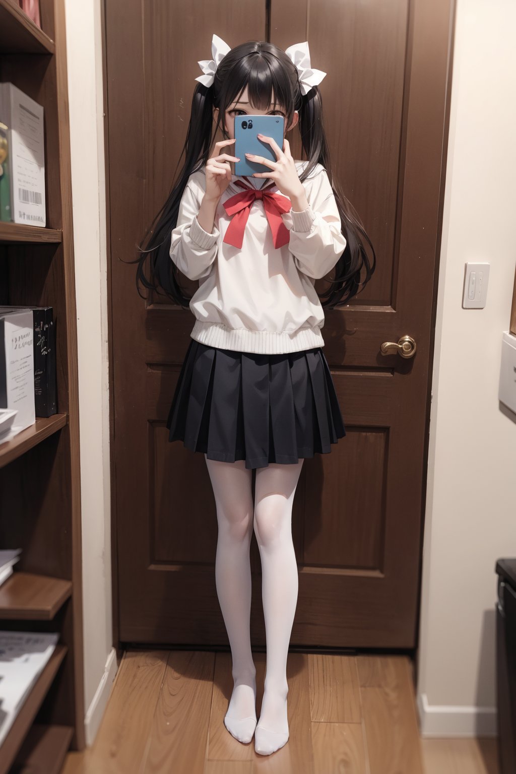 1girl,solo,white pantyhose,pantyhose,phone screen,skirt,selfie,shoes,long hair,chinese text,twintails,very_long_hair,