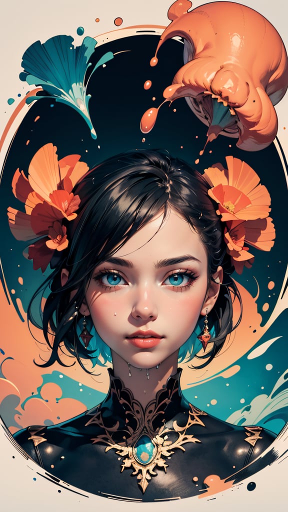 (masterpiece:1.0), (highest quality:1.12), a girl, illustration, cover art, (black:1.2), portrait , coral background, splash