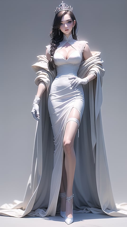 (best quality), ((masterpiece)), (highres), illustration, original, extremely detailed, bbj, solo, 1girl, dress, breasts, long hair, white background, white dress, simple background, full body, cleavage, looking at viewer, crown, white footwear, parted lips, blue eyes, gloves, bangs, floating hair, large breasts, mini crown, braid, white gloves, elbow gloves, jewelry