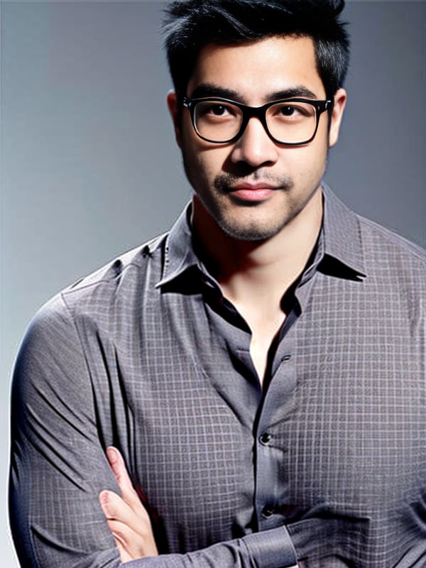 1boy,beard,black hair,open shirt,closed mouth,CNShuaiMale,facial hair,formal,full body,glasses,grey background,looking at viewer,male focus,muscular,realistic,shirt,short hair,solo,stubble,CNMaleCute,<lora:SD1.5_CNMaleCute.1.0:0.7>,