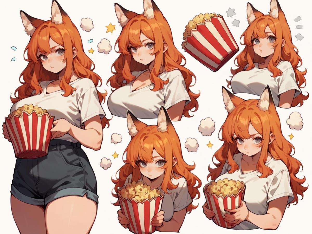 score_9, score_8_up, score_7_up, score_6_up,  <lora:cut3ch4rXLP:0.8> cut3ch4r, 1girl, multiple views, long hair, fox ears, white background, ginger hair, plump, grey eyes, large breasts, popcorn, 