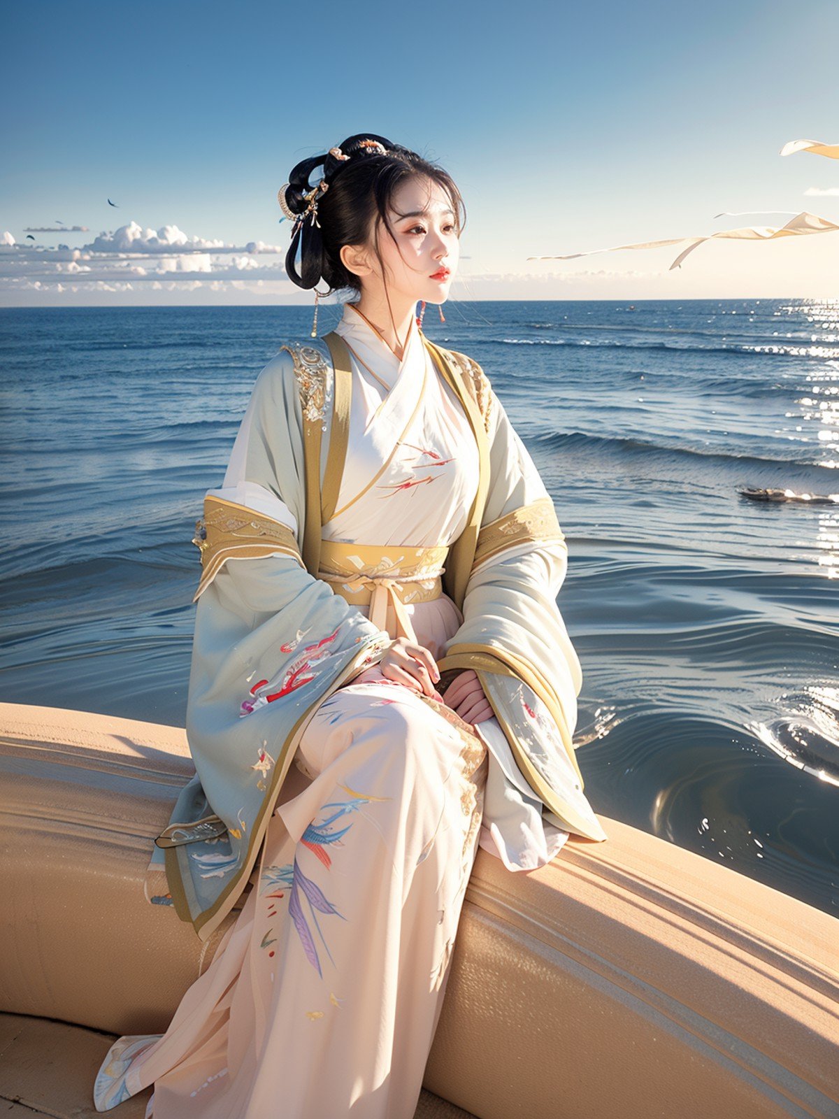 The sun shines brightly,and waves lap against the sandy beach. The Hanfu maiden walks on the soft sand,her sleeves embroidered with blue wave patterns. Seagulls hover in the sky,and the sea ripples. She basks in the sunlight,feeling the warmth of summer.,