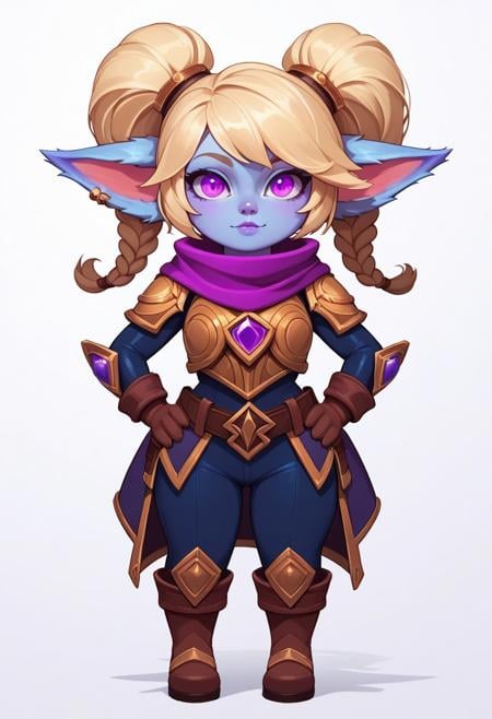 score_9, score_8_up, score_7_up, score_6_up,source_anime,full height, portrait, hextech (league of legends), 1girl, solo, PoppyLoLXL, yordle, shortstack, short_girl,fluffy ears, earrings on right ear, a girl with blue skin, blue glowing eyes, blonde hair braided into two ponytails, wearing purple clothes with amethyst armor, brown fur gloves on her belts and googles on her head, as well as a purple scarf,