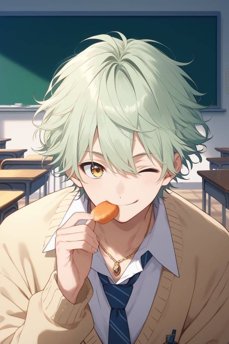 Score_9,score_8_up,score_7_up,Highly detailed, masterpiece, high quality, beautiful, high resolution, good details,1boy,solo,male focus,mezcla5v2,upper_body,light green hair,yellow eyes,smile,classroom,light green cardigan,neck_tie,necklace,eat candie,male_pov,one eye closed<lora:EMS-412513-EMS:1.000000>