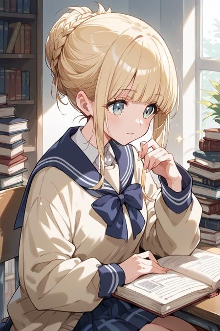 score_9, score_8_up, score_7_up, score_6_up, 1girl,<lora:Fukushima_Noa_r2:0.9> noa, blonde hair, updo, bangs, updo, school uniform, book,