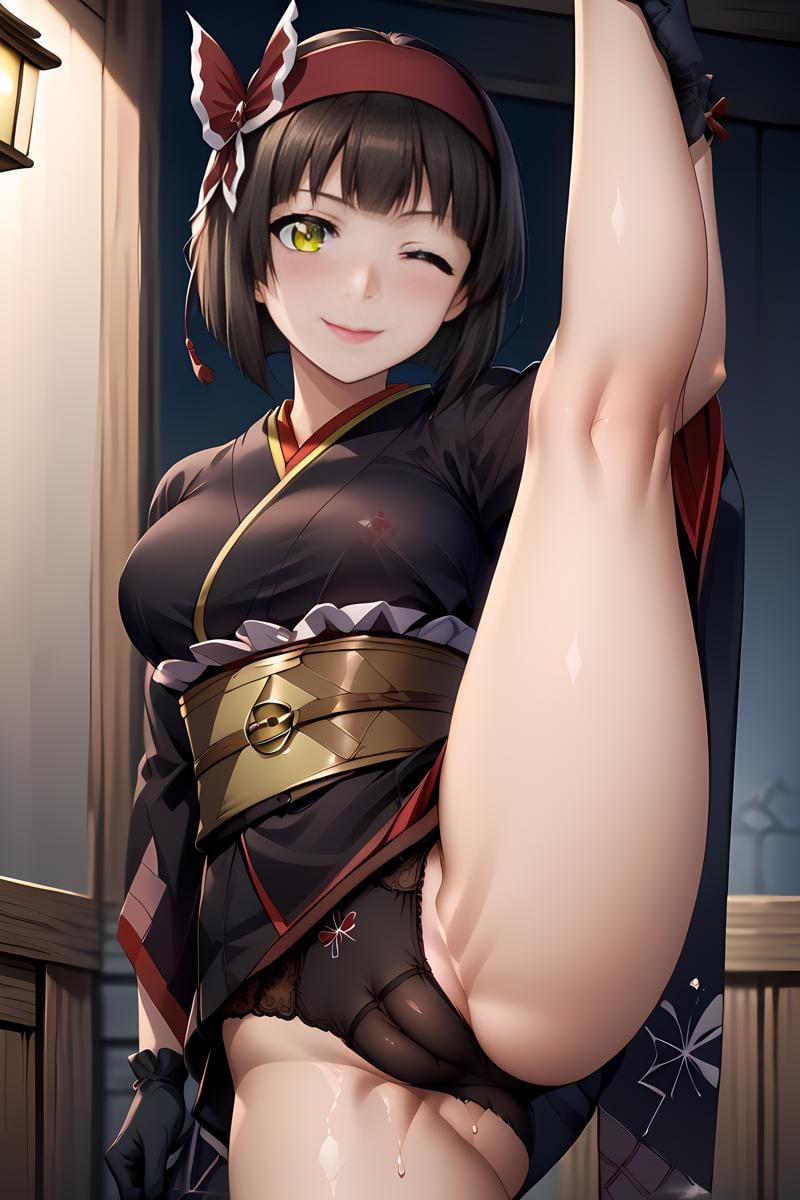 tsukimio, headband, kimono, obi, gloves, open clothes, standing standing split, looking at viewer, evil smile, blush, one eye closed, cleft of venus, cameltoe, black panties, see-through, wet panties <lora:tsukimio:1> <lora:add-detail-xl:1>  <lora:PerfectEyesXL:0.6> <lora:RealisticAnime:0.8>