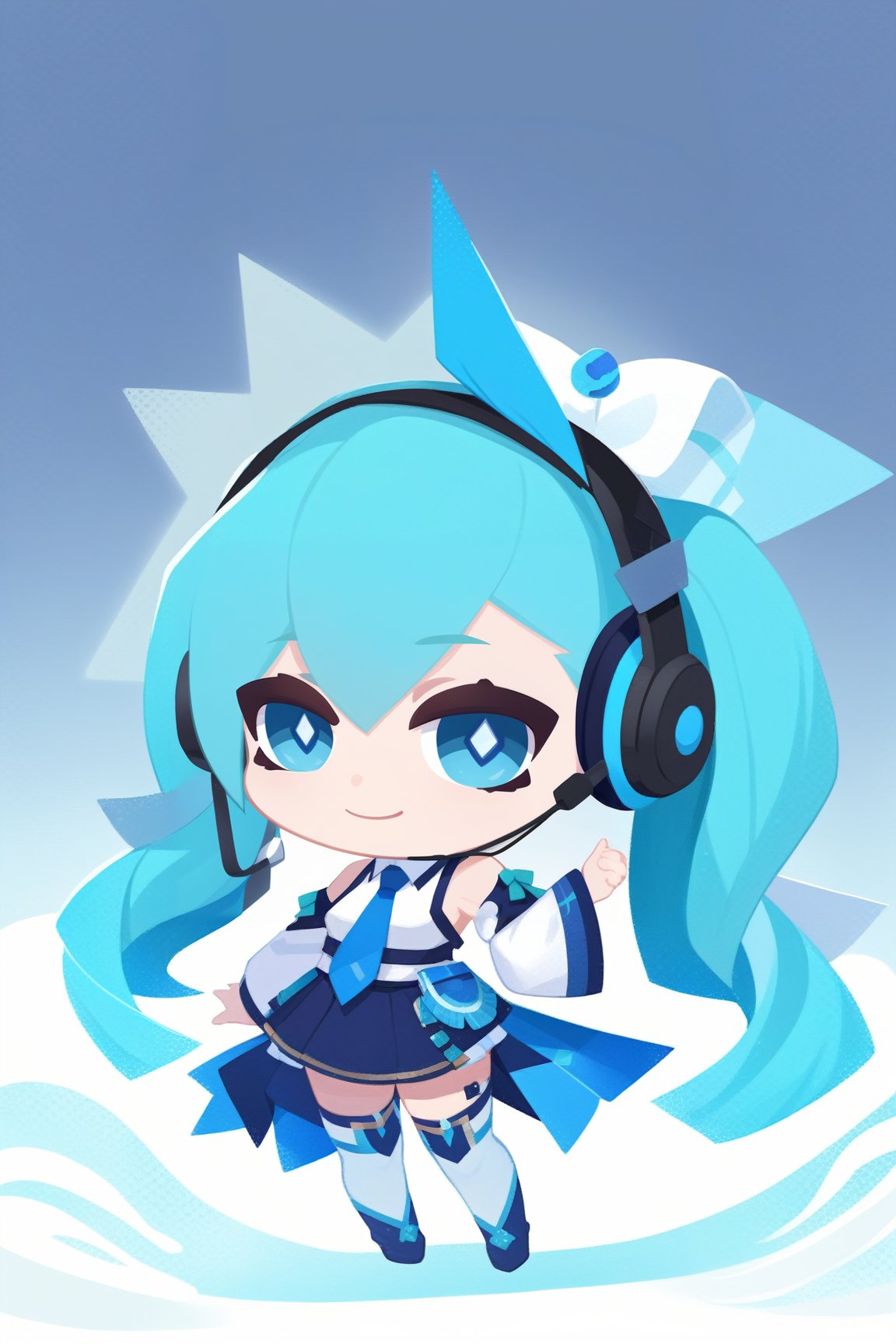 border, chibi, solo, 1girl, smile, looking at viewer, aqua hair, twintails, headset, blue eyes, sleeveless shirt, blue necktie, detached sleeves, skirt, thighhighs <lora:style_onmyoji_xl-000009:1>