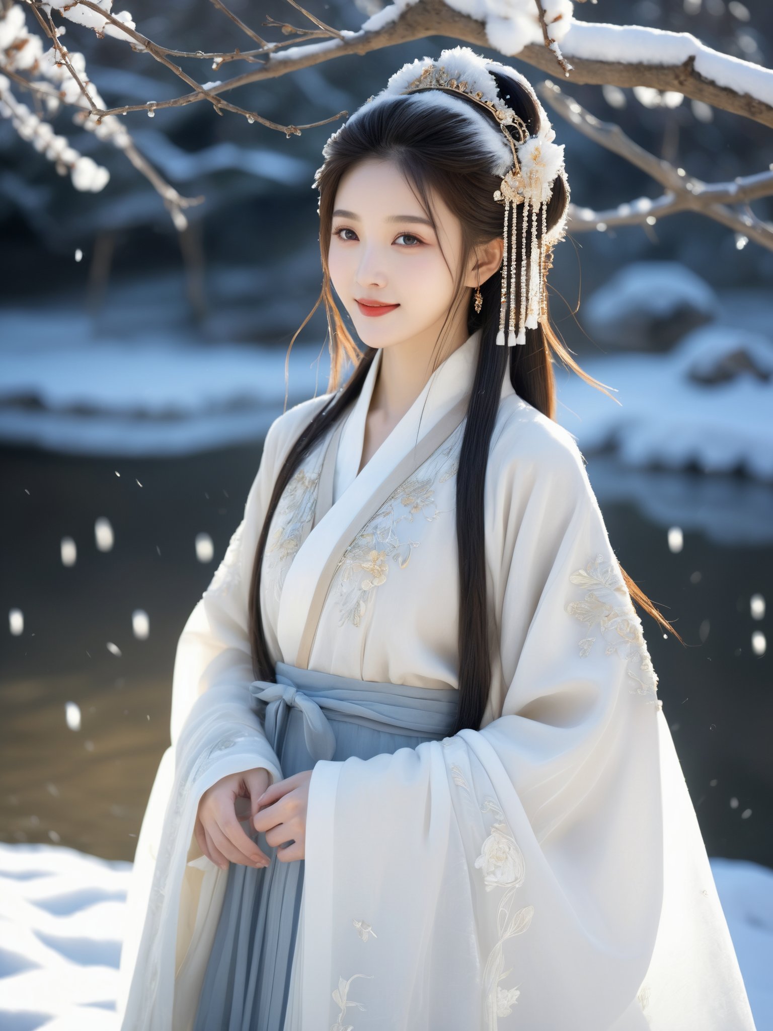 Realistic,Masterpiece,18 - year - old ,in (pure white:1.5) dress, winter,Snow, I saw a girl (stand:1.5) at the back of the traditional Chinese boat, with her long hair cascading over her shoulders, dressed in a (white:1.5) dress and adorned with a golden headband on her hair, which shone even more brilliantly in the snow. Her attire was like that of a fairy woman. she was only around 15 or 16 years old, with skin as white as snow, delicate and beautiful beyond words. (photo realistic: 1.3) , Edge lighting, (high-detail skin: 1.2) , 8K ultra-hd, DSLR, high quality, high resolution, 8K,winter hanfu, fur collar,(looking_at_viewer),smile, light master,32k UHD,chinese girls,full_body,dynamic angle,