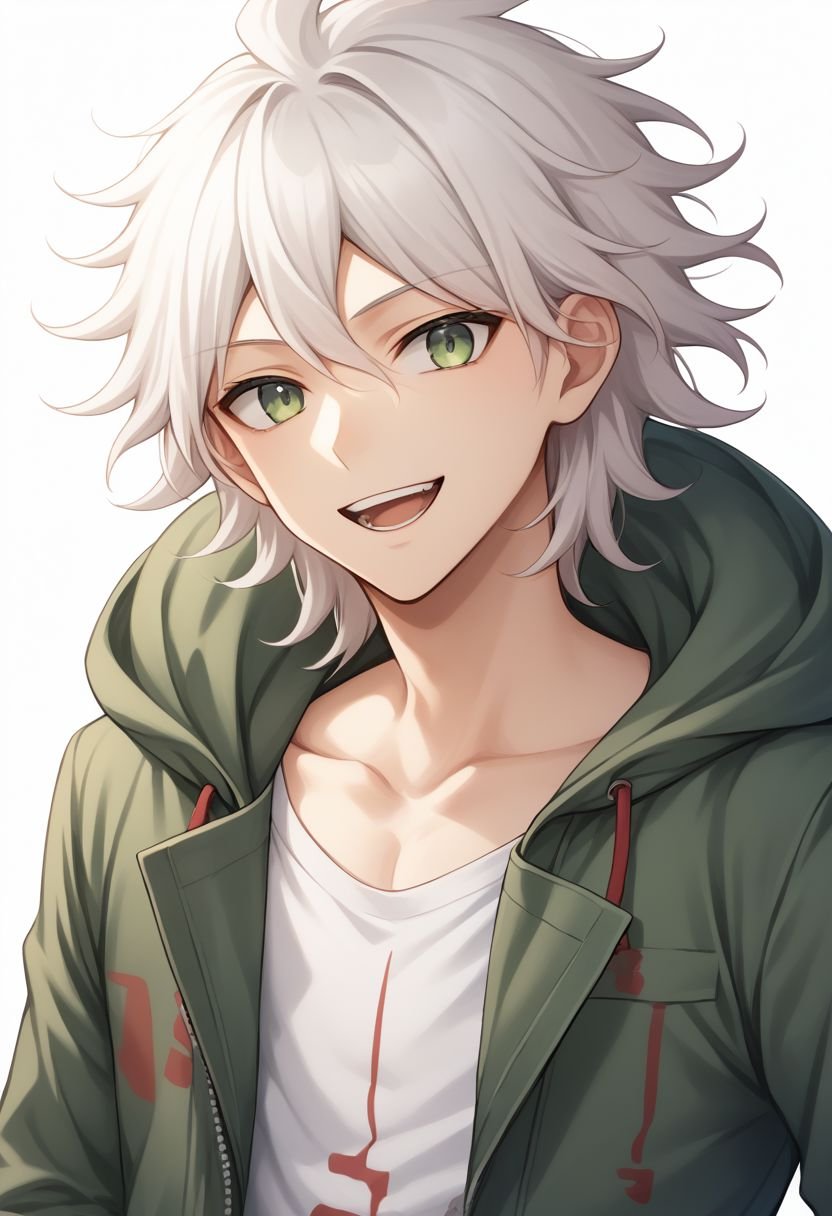 score_9, score_8_up, source_anime, highly detailed, 1boy, solo, skinnynagito, 1boy, male focus, solo, hood, shirt, smile, jacket, collarbone, print shirt,open mouth, upper body, open clothes, bangs, teeth, green jacket, medium hair, white hair,indoor, 