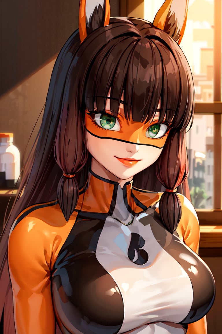 masterpiece, best quality, highres, realistic, solo, lilavolpina, (mask, domino mask), orange bodysuit, green eyes, animal ears, fringe, bangs, long hair, multicolored hair, <lora:Lila_Rosi:1>, looking at viewer, light smile, cafeteria, paris, sfw, <lora:add_detail:0.3>