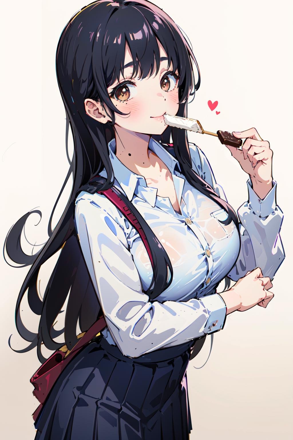 (masterpiece:1.2),best quality,PIXIV,Anna yamada, 1girl, solo, skirt, shirt, breasts, long hair, looking at viewer, white shirt, white background, smile, mole, collared shirt, large breasts, simple background, chocolate, food, blush, black hair, black skirt, bag, pleated skirt, food on face, closed mouth, bangs, school uniform, holding, brown eyes, shirt tucked in, long sleeves, mole on neck, eating, holding food, shoulder bag, collarbone, dress shirt, cowboy shot, candy<lora:Anna yamada-000016:0.8>,